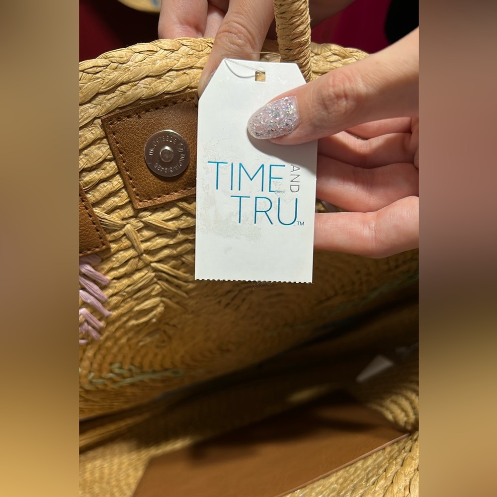 Time and Tru Tan and Blue Tote with Floral Design - Picture 2 of 4